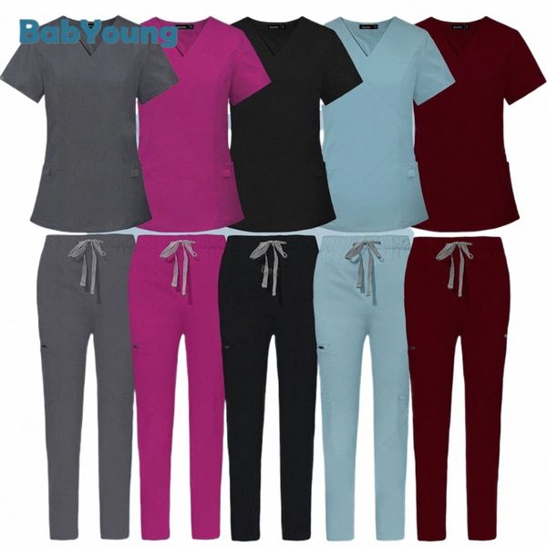 Roupas de trabalho enfermeira tops + calças retas uniforme de enfermagem médica mulheres homens pet shop beleza trabalho terno médico cirurgia esfrega conjunto g663 #