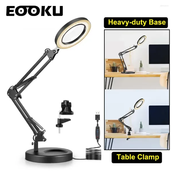 Lâmpadas de mesa Eooku 2 em 1 lâmpada dobrável USB com lupa 5X 3 cores luzes LED 8W luz de mesa para leitura / trabalho / beleza