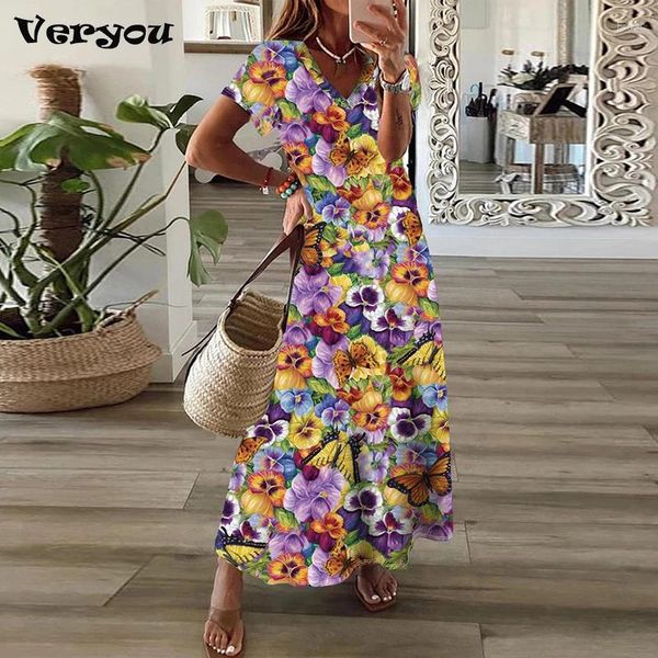 Vestidos casuais colorido floral para mulheres moda v-pescoço vestido longo mulher a-line fenda verão mangas curtas roupas