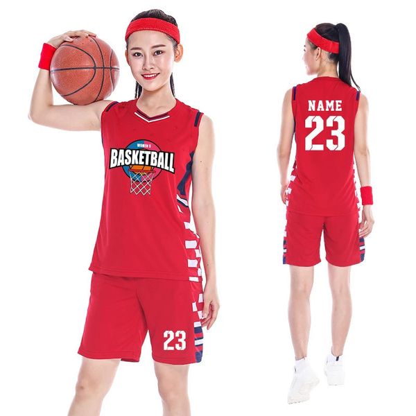 Conjunto de camisa de basquete feminina personalizável, camisa universitária de poliéster, uniformes respiráveis para meninas 240318