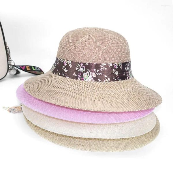 Cappelli a tesa larga Piatto Top Nastro Bowknot Protezione UV Pescatore Ragazze Visiera Cappello da sole da spiaggia Berretto di paglia