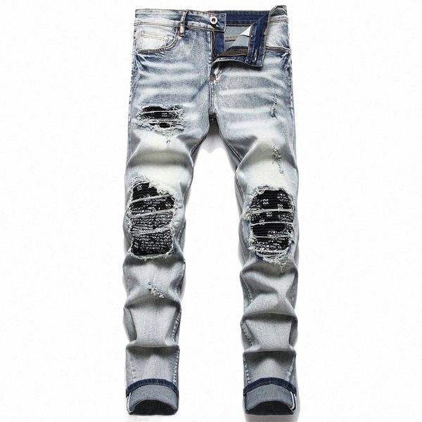 Homens Biker Jeans Streetwear Paisley Bandana Imprimir Patch Stretch Denim Calças Patchwork Buracos Rasgados Slim Straight Black Calças r9YP #
