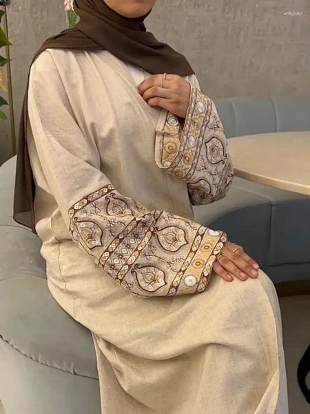 Этническая одежда, хлопковое и льняное кимоно с вышивкой, мусульманское платье-хиджаб, открытое Абая для женщин, Дубай, Турция, Саудовский кафтан, исламский скромный
