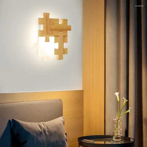 Lampada da parete Puzzle in legno massello Decorazione domestica moderna nordica Soggiorno Corridoio Illuminazione Decorazione a LED Fari a specchio