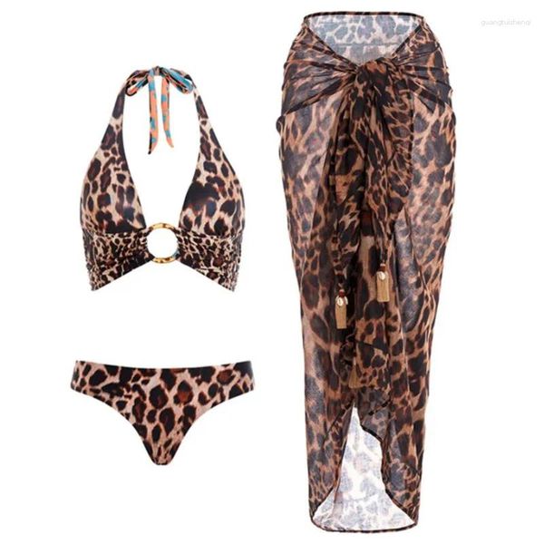 Conjunto de biquíni feminino com saia, roupa de banho de verão com babados e estampa de praia, roupa de praia para férias