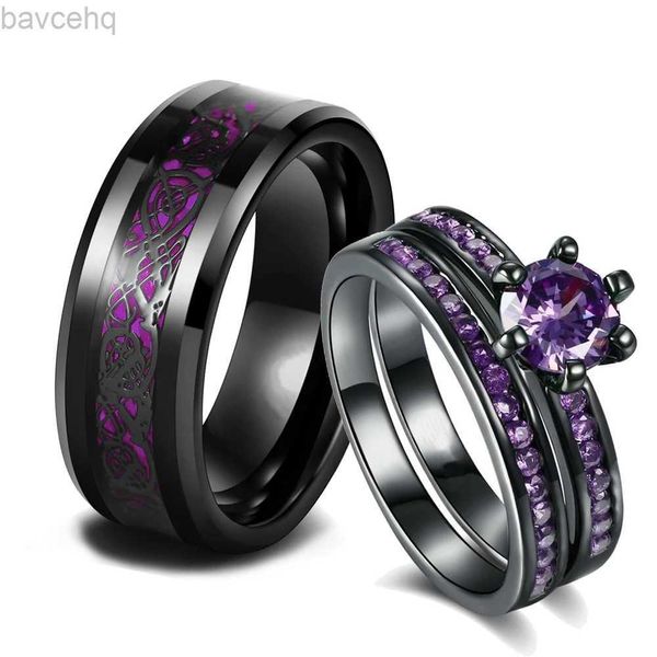 Fedi nuziali Fascino Coppia Anelli Romantici Strass viola Anelli da donna Set Trendy Uomo Acciaio inossidabile Anello drago celtico Gioielli di moda 24329