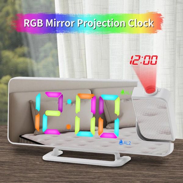 Orologi da tavolo Orologio con proiezione a specchio RGB Schermo grande a colori Doppio snooze Allarme Regolazione luminosità Proiettore Porta di ricarica USB