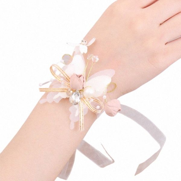 farfalla imitati perle corsage tessuto bracciale manuale frs ragazze dridesmaid polso frs festa di nozze Accories 35Gy#