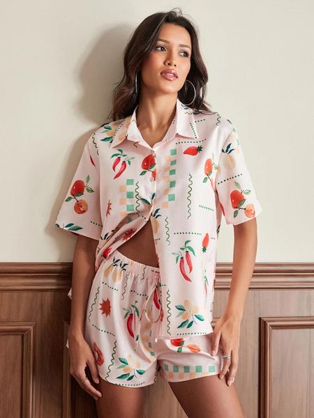 Startseite Kleidung Damen Y2K Pyjama-Set 2-teilig Loungewear-Anzüge Kurzarmhemden mit Pfeffermuster Tops und Shorts Nachtwäsche Outfits