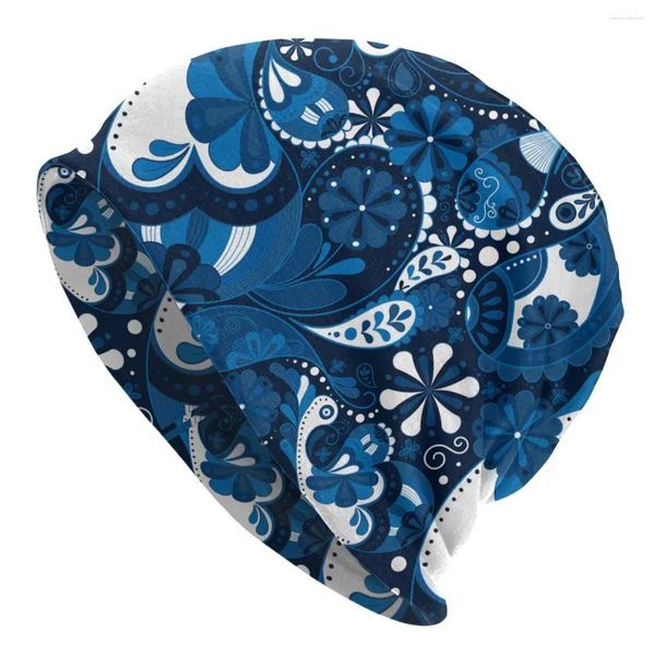 Berretti Sfondo blu Arte floreale Berretti sportivi Berretti Paisley Skullies Berretti Sci Morbidi cappelli a cuffia sottili