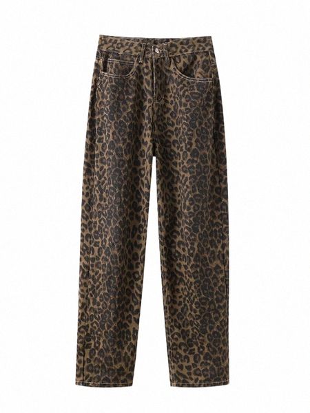 leopardo Jeans a vita alta Pantaloni larghi a gamba larga Pantaloni streetwear Y2k Fi 2024 Pantaloni in denim larghi versatili Jeans mamma R9LS #