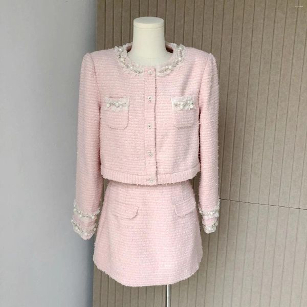Vestido de duas peças delicado menina rosa terno trabalho pesado frisado renda pequena fragrância jaqueta mulheres outono senhora do escritório feminino