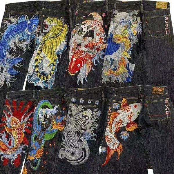 Maré japonesa Marca Ukiyo-e Carpa Flor de Cerejeira Impressão Gótico Jeans Masculino Persalidade Fi Solto Joker Calças Retas Y2k R0Mz #