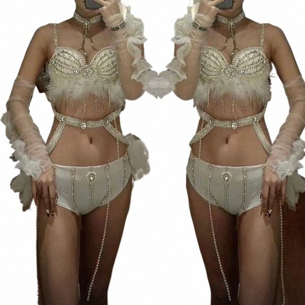 Sexy pole dance bikini branco rhinestes sutiã shorts boate dj ds gogo traje feminino rave outfit palco desempenho wear xs6676 60lo #