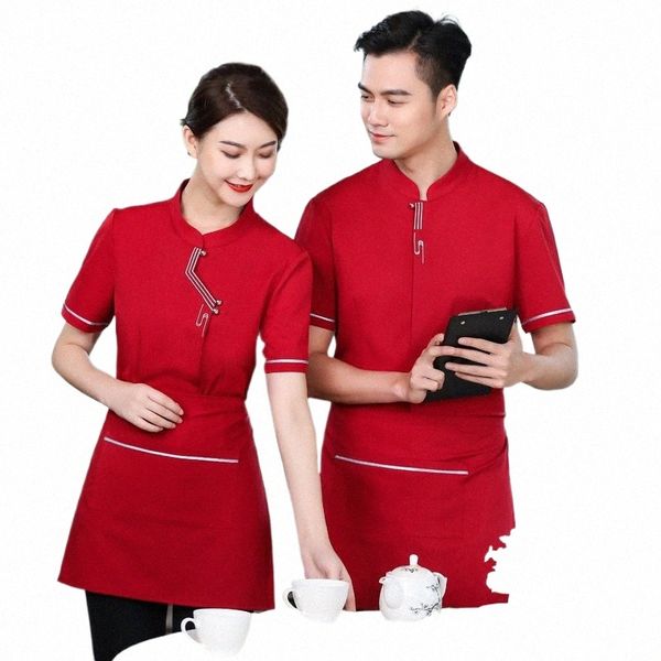 Novo Garçom Workwear Manga Curta Hotel Chinese Tea House Catering Uniform Hot Pot Restaurante Roupas de Verão para Mulheres a6sM #