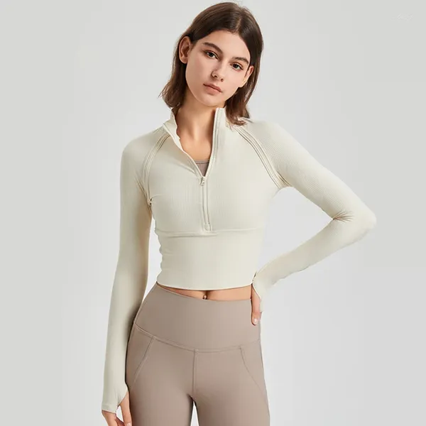 Camicie attive Camicia da yoga slim da donna Manica lunga Cappotto sportivo Colletto con cerniera Felpe da corsa Ragazze Elastico Orlo largo Palestra Fitness Top