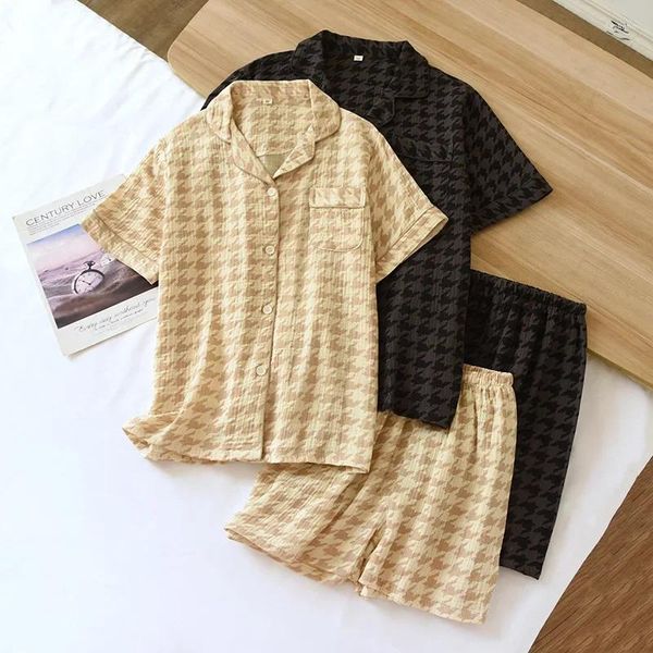 Casa roupas xadrez casais pijamas conjuntos para o verão algodão fino manga curta masculino e feminino terno botão camisa topos