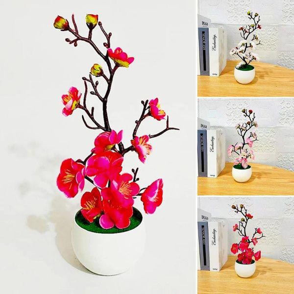 Flores decorativas Simulação Vaso Artificial Planta Flor de Ameixa Bonsai 11.8 4.3 In para Home Office Jardim Cozinha Sala de estar Decoração de mesa