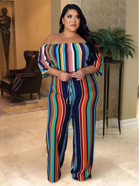 Bottoms Plus Size Women Clothing 2022 Sexy Off Off a strisce per spalla Stuita su pantaloni larghe gambe abita