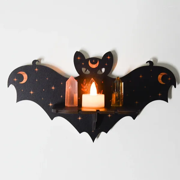 Portacandele Pipistrelli neri Stile bohémien Mensola in cristallo in legno Decorazione per la casa Supporto per staffa da parete Decor