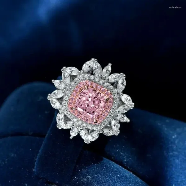 Кластерные кольца 925 Серебряный розовый белый круглый круглый циркон боковые камни сияющие цветочные формы с рельсовым кольцом