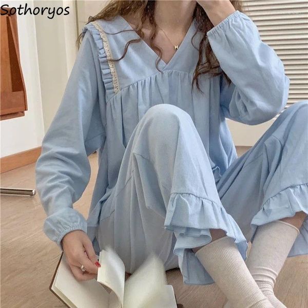 Startseite Kleidung Einfache Pyjama-Sets für Frauen Frühling Herbst Langarm V-Ausschnitt Studenten Süße Mädchen Mode Koreanischen Stil Chic Soft Fit