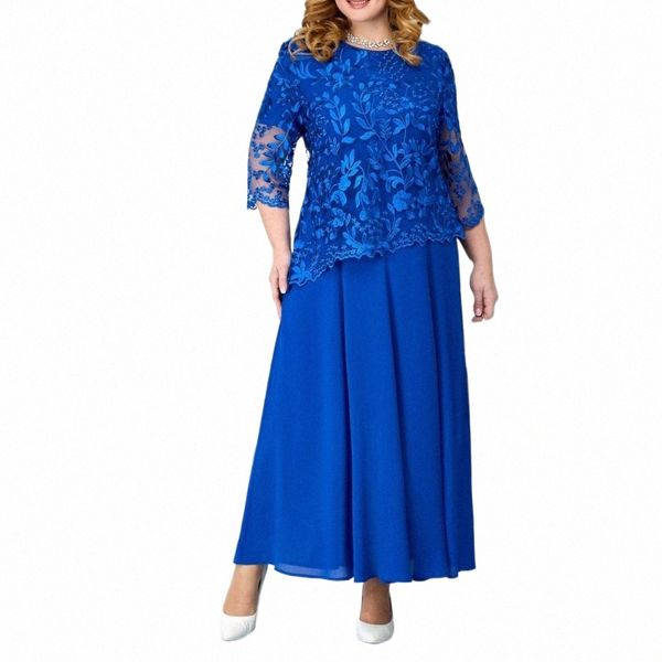 Plus Size Lg Dr Tecido bordado Dr Elegante Plus Size Maxi Dr com Fr Bordado Detalhe de renda três quartos 49uI #