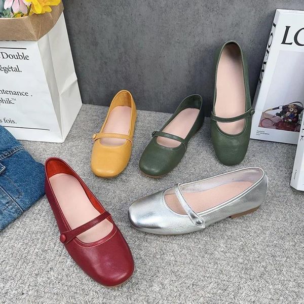 Sapatos casuais careaymade-couro genuíno camada superior de couro cor sólida cabeça redonda fundo plano uma linha fivela singles femininos coreanos