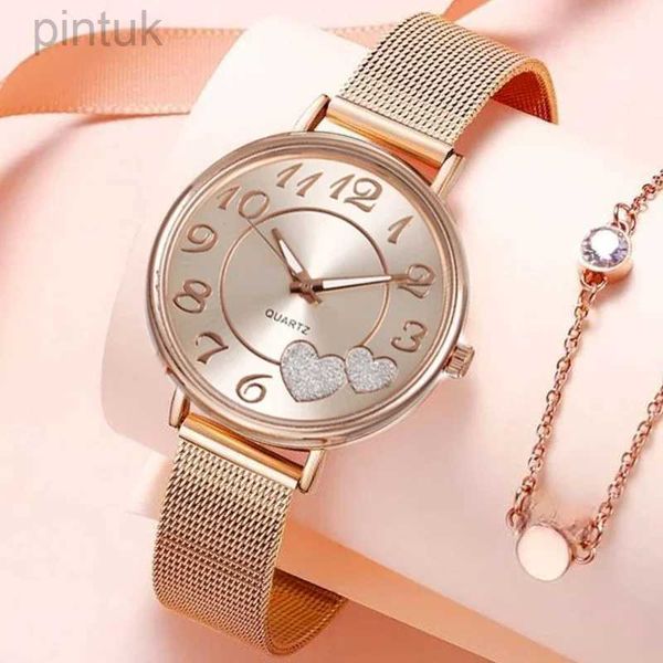 Relógios de pulso elegante rosa ouro coração dial relógio feminino simples temperamento estudante impermeável feminino de alto nível feminino relógios de luxo mulheres 24329