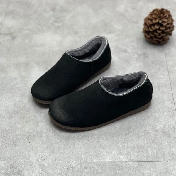 Sapatos casuais de inverno apartamentos mulheres palmilha de pele de ovelha mocassins quentes preto salto baixo macio artesanal couro genuíno preguiçoso shoes2024