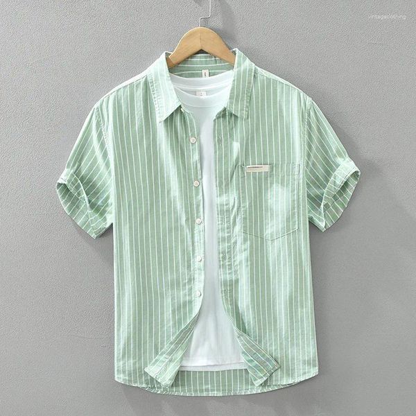 Erkekler Sıradan Gömlekler Dikey Çizgili Pamuklu Kısa Kollu Gömlek Erkekler için 2024 Yaz Moda Temel Bluzlar Gençlik Erkek Erkek Gevşek Serin Üstler
