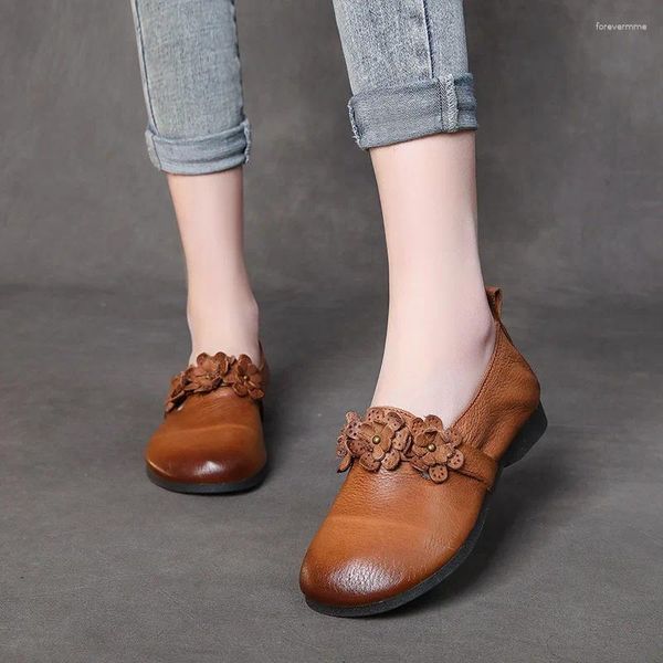 Casual Schuhe Frühling Flache Müßiggänger Frauen Leder Weiche Sohle Handgemachte 2024 Frau Echtes Retro Mocassim Feminino Ballett Wohnungen