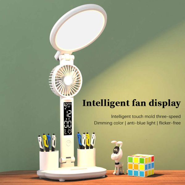 Neue Uhr Tisch USB Aufladbare Dimmbare Schreibtisch Lampe Plug-In LED Fan Faltbare Augenschutz Lesen Nacht Licht