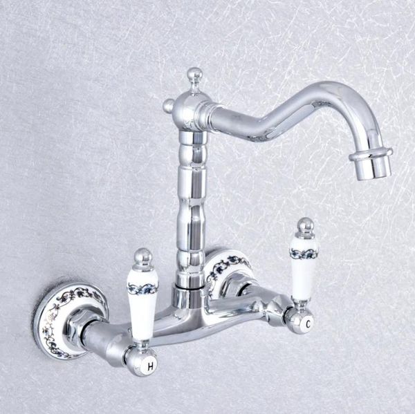 Rubinetti per lavandino del bagno Rubinetto miscelatore per lavabo girevole cromato lucido a 360° Rubinetto miscelatore da cucina a parete con doppie maniglie Nsf769