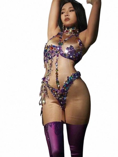 Sexy Performance Tanzkostüm Bühnenkleidung Sleevel Nachtclub Pole Dance Outfit Sparkly Rhinestes Jumpsuit Skinny Tights 01bF #