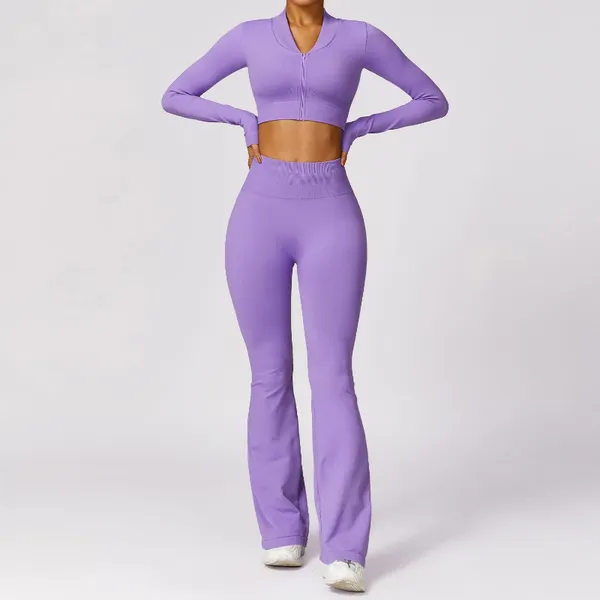 Set attivi 2 pezzi Abbigliamento da palestra per yoga senza soluzione di continuità Abiti sportivi Tute da donna Set fitness Tute Cerniera Maniche lunghe Leggings da allenamento 2024