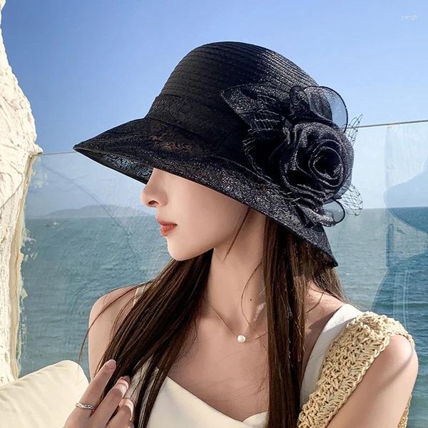 Chapéus de borda larga 1 pc elegante flor balde feminino cor sólida proteção solar pescador chapéu ao ar livre protetor solar