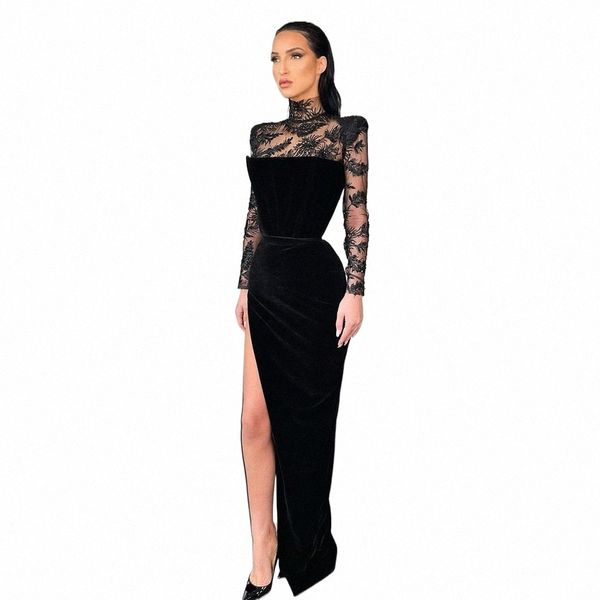 nero Veet Evening Dres Lg manica sirena Lady splendida applique in pizzo collo alto alta fessura laterale Dubai abiti da ballo formale De S20G #