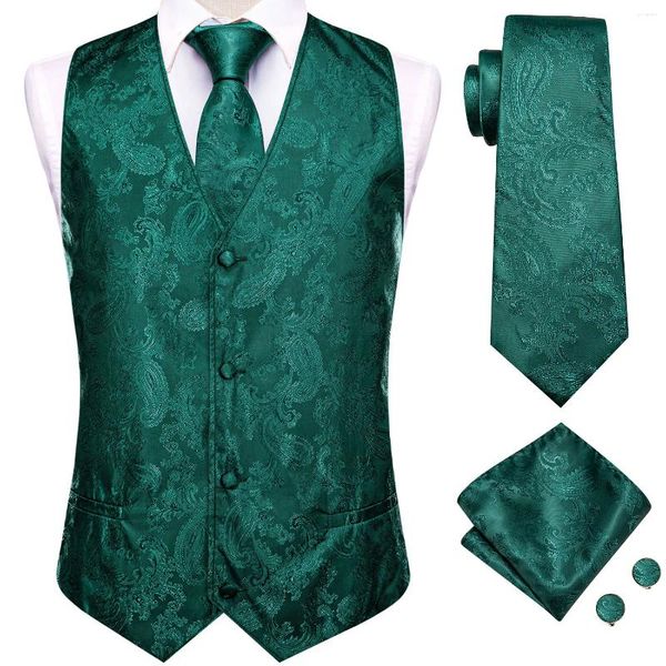 Gilet da uomo Hi-Tie Abito da uomo in seta 4 pezzi Tessuto Paisley Verde Gilet Cravatta Tasca quadrata Gemello Abito da sposa da lavoro Giacca in vita