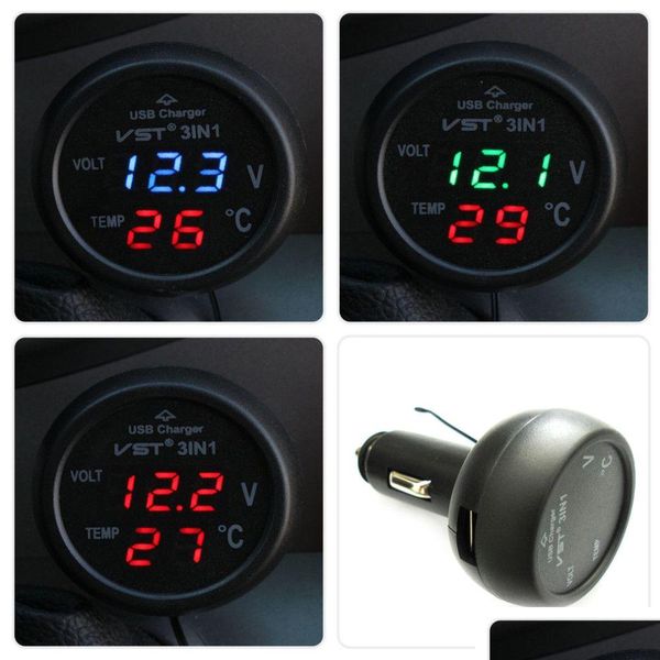 Voltmetri 3 in 1 Vst-706 Voltmetro digitale per auto a LED Termometro Caricatore USB 12V/24V Misuratore di temperatura Accendisigari Consegna a goccia Otyew