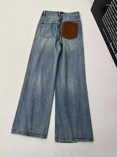 Calças de brim femininas moda em linha reta para as mulheres 2024 alta qualidade retalhos cor bolso guarnição rua casual calças jeans senhora outono