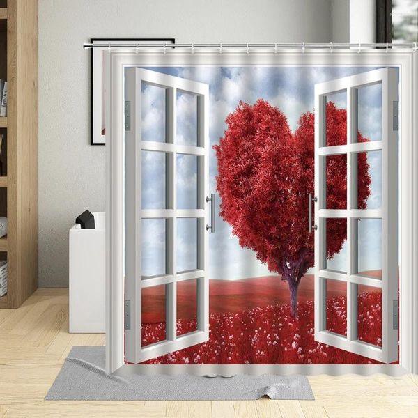 Tende da doccia a forma di cuore rosso albero fiori prati modello tenda tessuto in poliestere impermeabile arredo bagno bagno con ganci