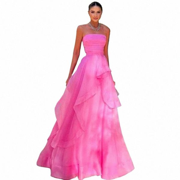 Simples Hot Pink Ruffles Organza Prom Dres Plissado Strapl Mulheres Formal Noite Dr Vestidos de Festa Especial Dama de Honra CL-548 B23l #