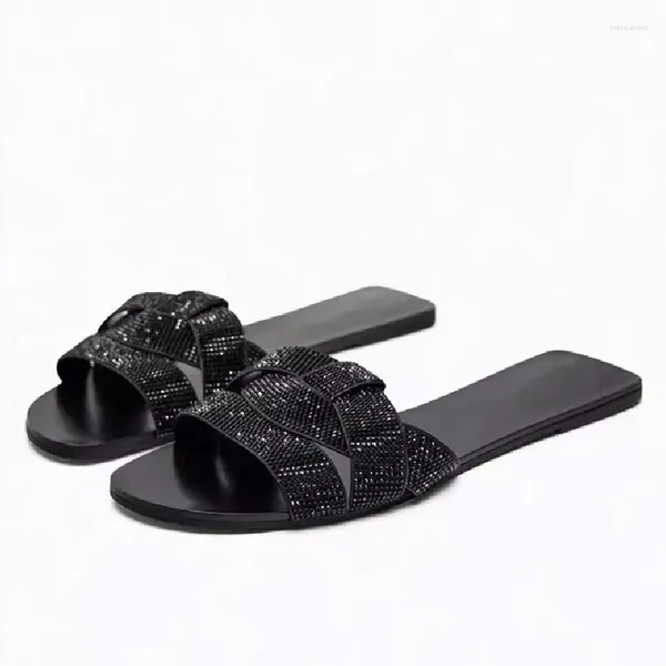 Sandálias Traf Mulheres Preto Brilhante Strass Flat Chinelos Verão 2024 Flip Flops Slingback Open Toe Beach Low Heel