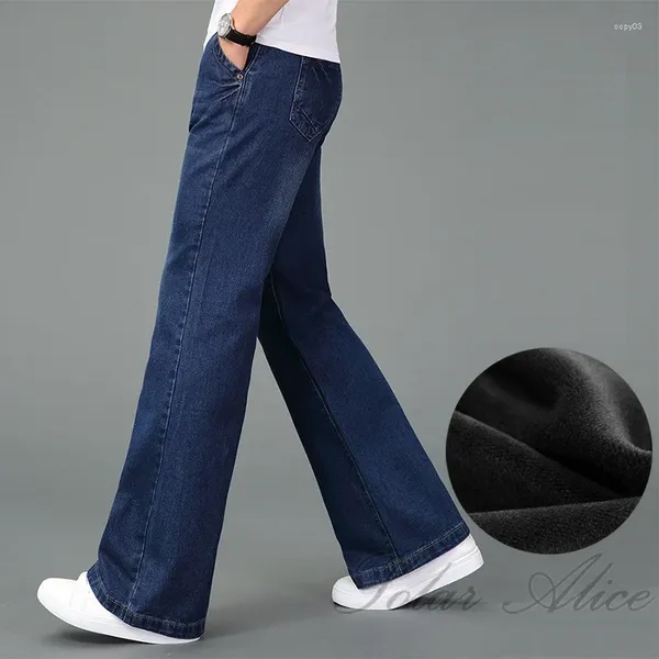 Jeans masculinos 2024 veludo de alta qualidade homens inverno quente velo perna larga negócios casual flare calças meados de cintura calças