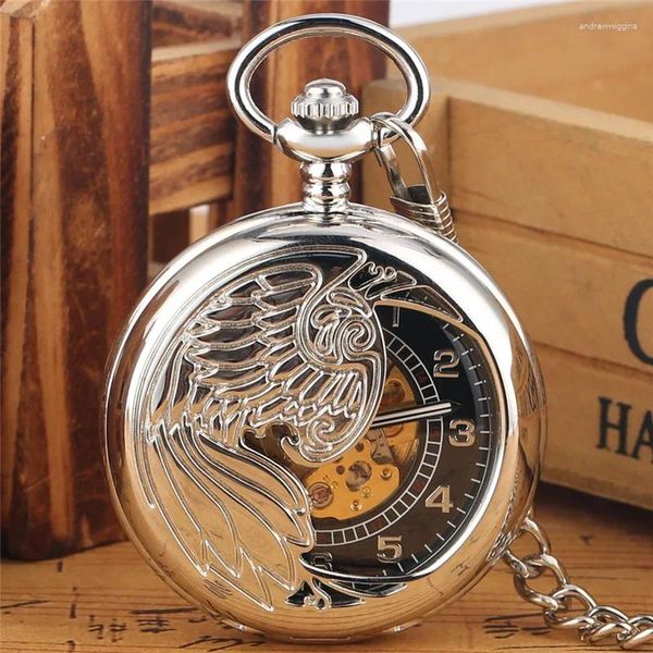 Карманные часы в стиле ретро, серебряный полый Феникс, автоматические механические часы с автоматическим заводом, циферблат с арабским номером, брелок, подвеска, часы-цепочка, подарок
