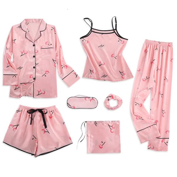 Strap Nachtwäsche Pyjamas Damen 7 Stück Rosa Pyjamas Sets Satin Seide Dessous Homewear Set Pijamas Für Frau 240326