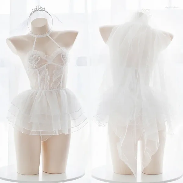 Conjuntos de sutiãs japonês anjo ballet menina renda transparente conjunto de roupa interior sexy lolita cospaly casamento vestido curto malha lingerie branca