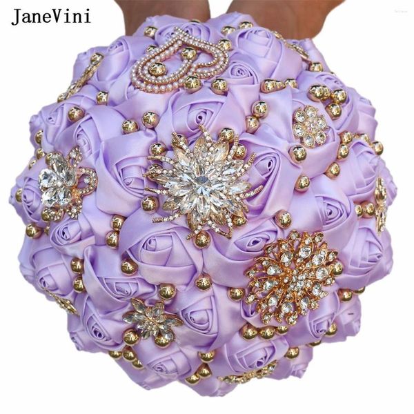 Flores de casamento janevini 2024 luxo ouro strass buquês de noiva luz roxo artificial cetim rosas buquê acessórios
