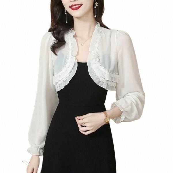 Bianco Nero floreale Chiff Donne Bolero femminile Wedding Wrap Lg manica aperta Frt Sheer Shrug Scialle Cardigan da sposa Top Cover 21kY #